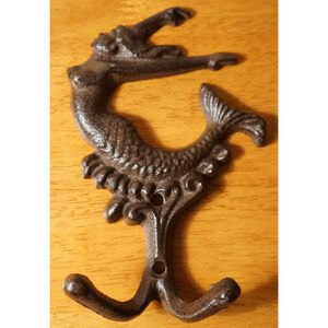 Mermaid Double Hook Sign Hanger Nautical Beach Home Rustic Cast Iron Decor New